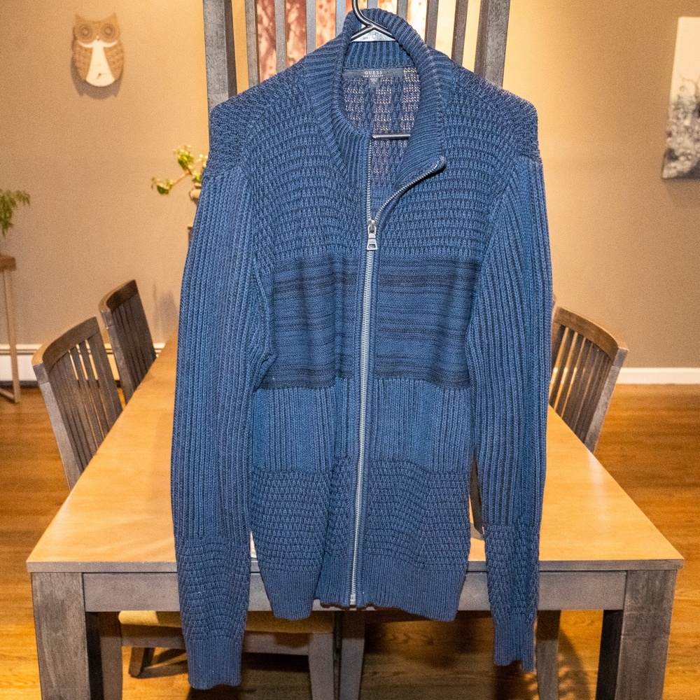Guess Blue Knit Zipper Sweater Large